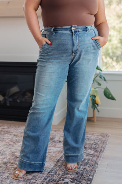 Judy Blue Mid-wash Mid Rise Wide Leg Denim