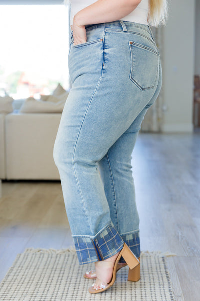 Judy Blue Plaid Cuff Vintage Straight Jeans