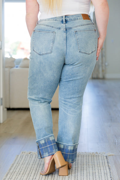 Judy Blue Plaid Cuff Vintage Straight Jeans