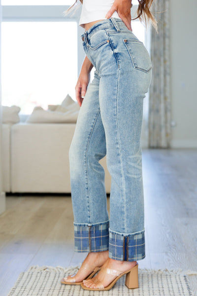 Judy Blue Plaid Cuff Vintage Straight Jeans