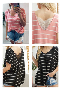 Vneck Stripe Lace Back Short Sleeve Top