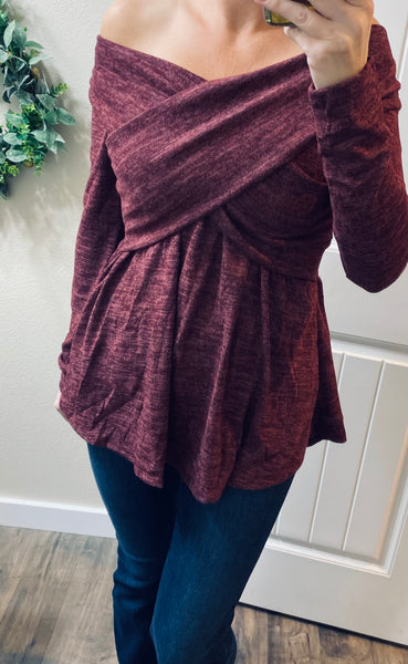 Burgundy Cross Over Off Shoulder Sweater