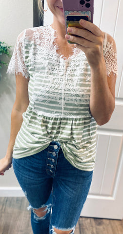 Stripes Of Olive Lace Top