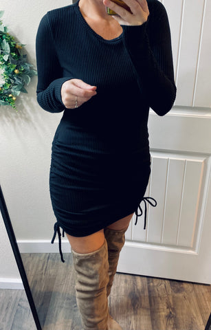 Black Ribbed Ruched Dress