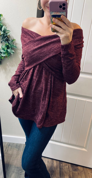 Burgundy Cross Over Off Shoulder Sweater