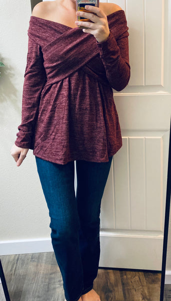 Burgundy Cross Over Off Shoulder Sweater