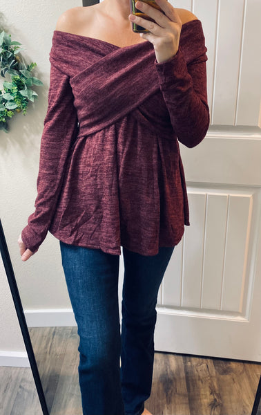 Burgundy Cross Over Off Shoulder Sweater