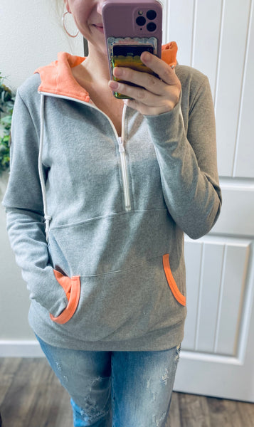 Grey/Coral 1/2 Zip Hoodie