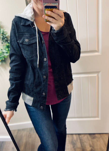 Black Distressed Hooded Denim Jacket