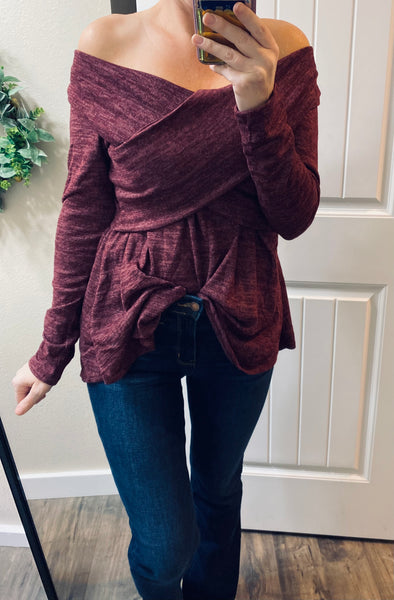 Burgundy Cross Over Off Shoulder Sweater