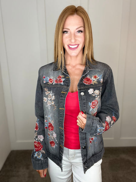 Floral Black Wash Embroidered Jacket