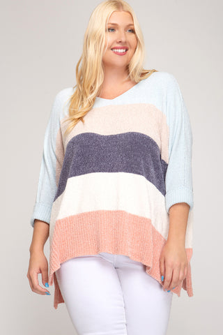 Plus Pastel Colorblock 3/4 Sleeve Sweater