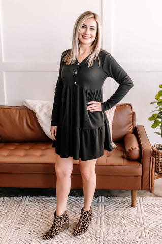 Tiered Black Ribbed Button Dress