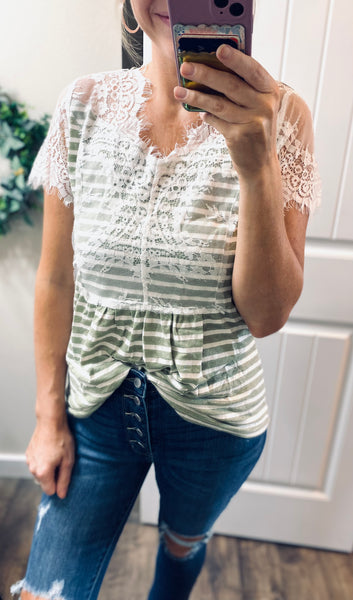 Stripes Of Olive Lace Top