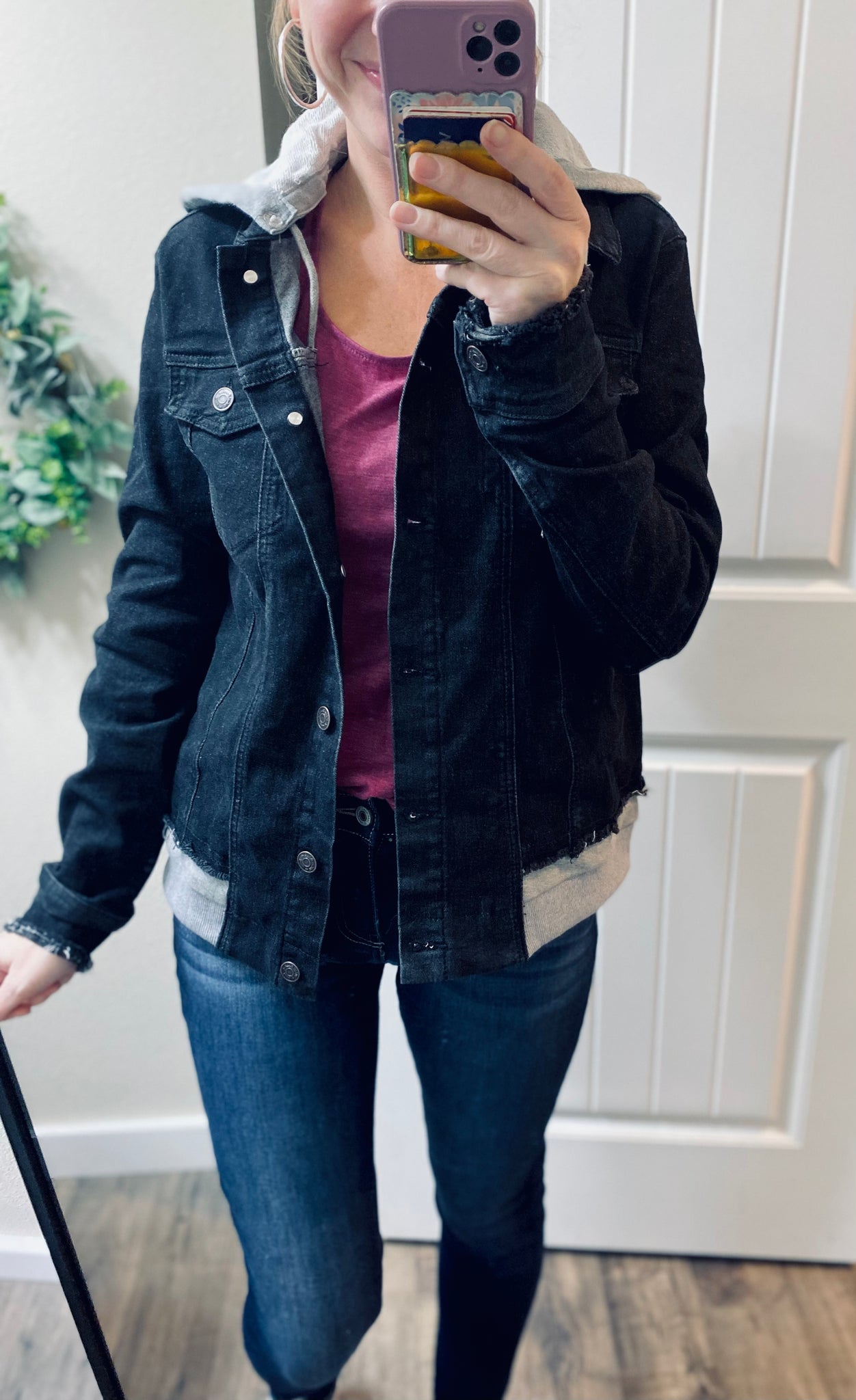 Black Distressed Hooded Denim Jacket