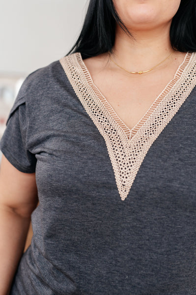 Charcoal Lace Trim V-Neck Top