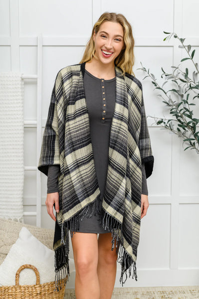 Plaid Fringe Trimmed Open Poncho in Black