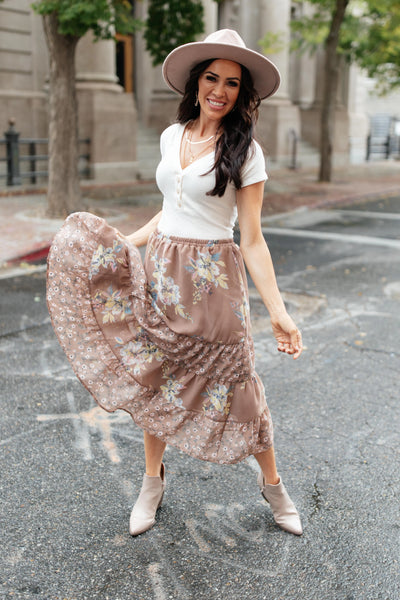 Zoe Floral Midi Skirt in Mocha